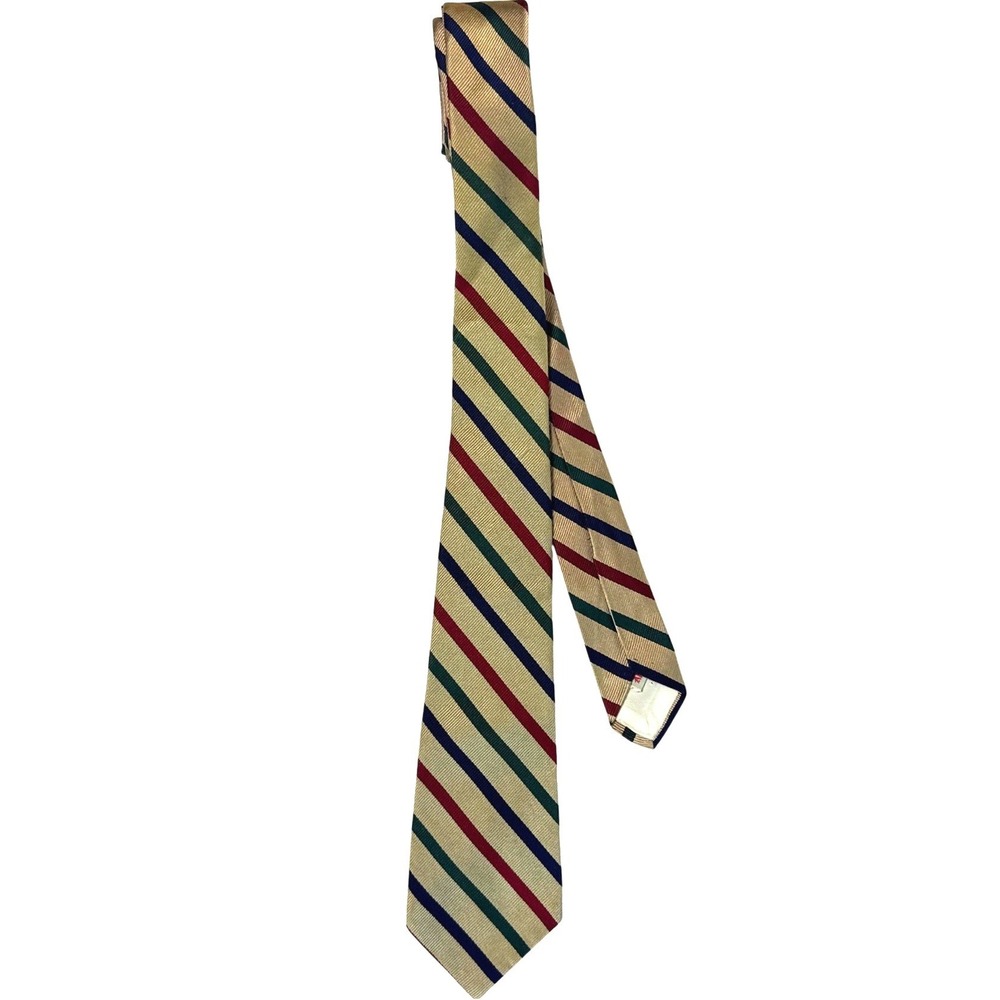 Vintage All Silk Repp Stripe Necktie Tan Navy Green Burgundy Classic Tie
